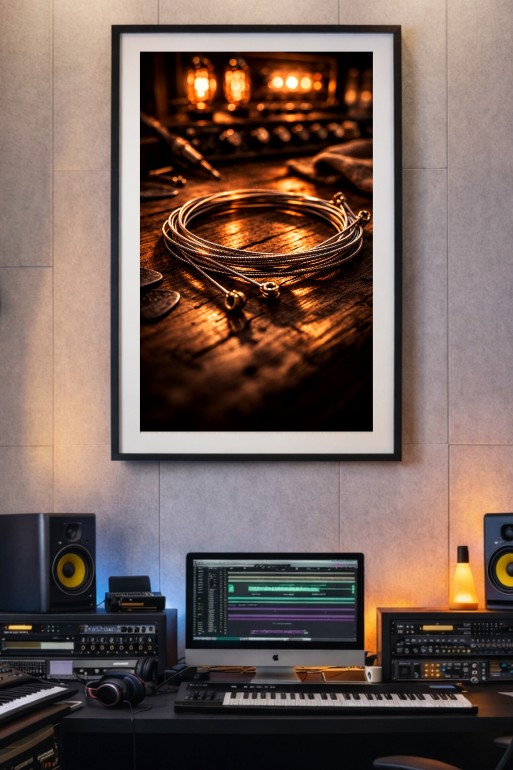 Framed photograph of guitar strings on a wooden surface in a music studio setting.