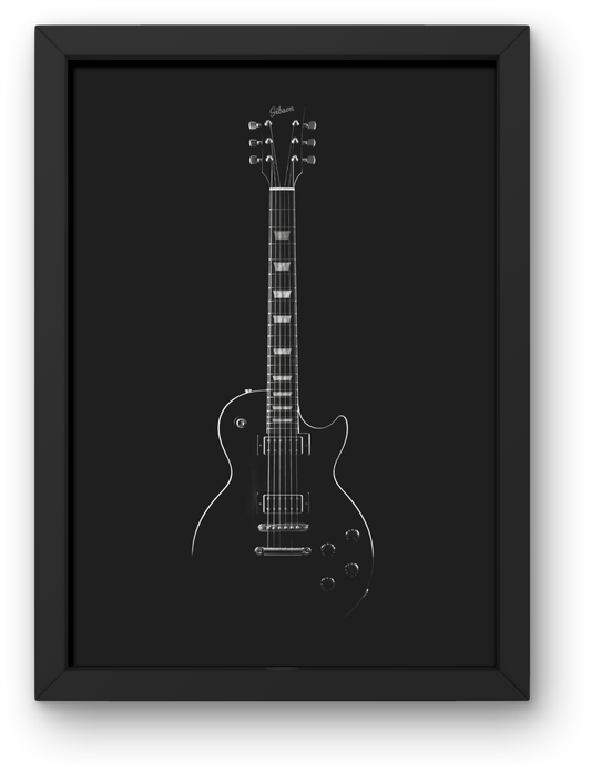 Framed black and white illustration of a guitar on a black background