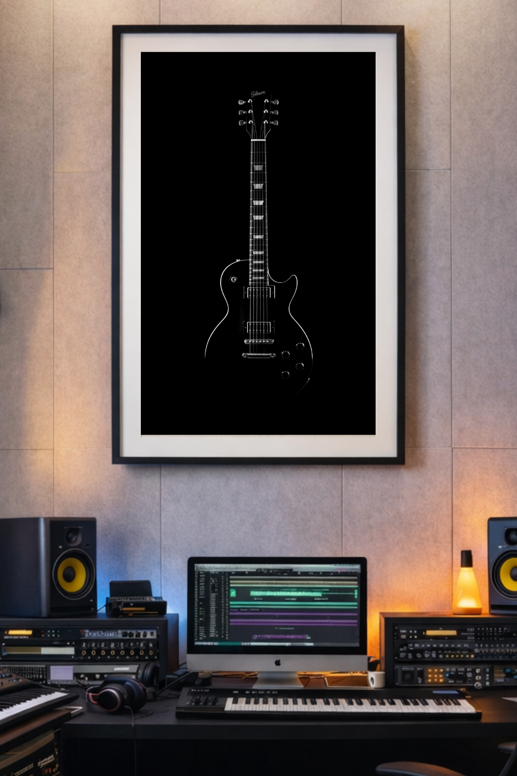 Framed guitar poster on a wall above a music production setup.