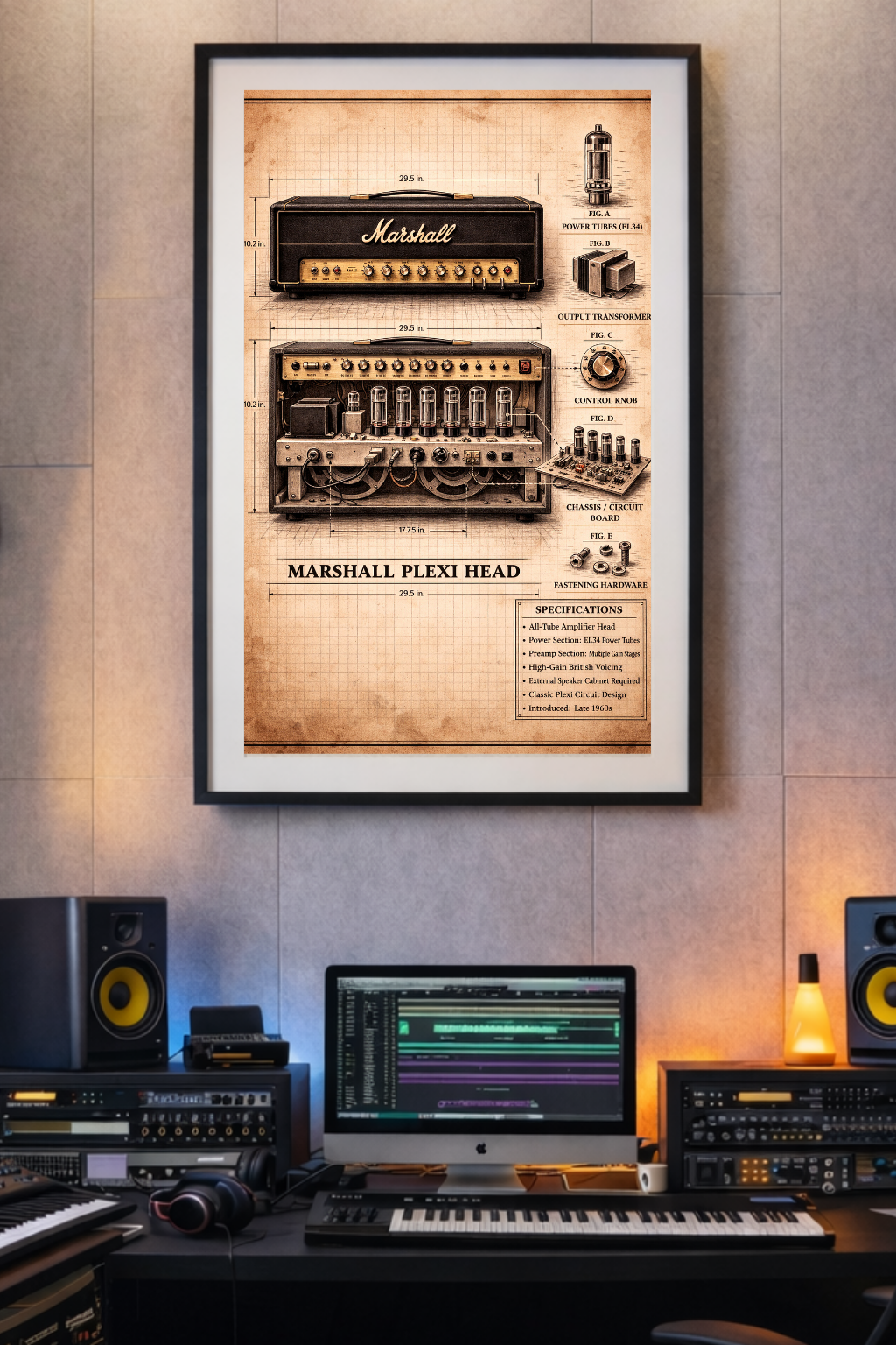 Framed Marshall amplifier poster on a wall above a music production setup.