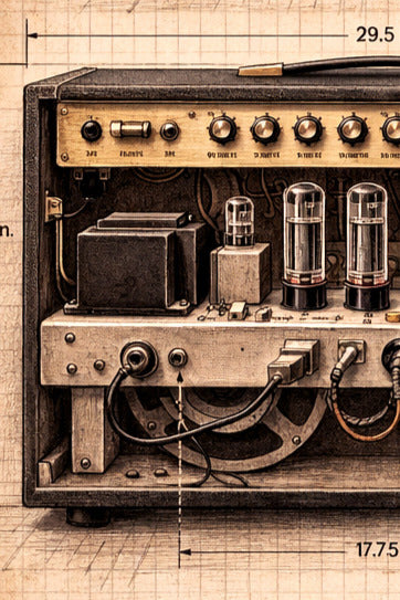 Vintage-style amplifier with vacuum tubes on a technical drawing background