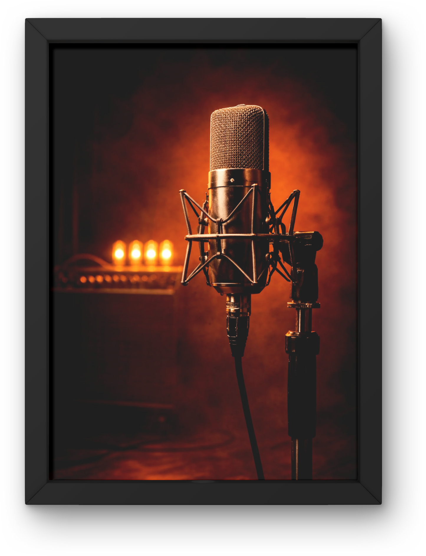 Microphone on a stand with warm lighting in the background, framed in black.