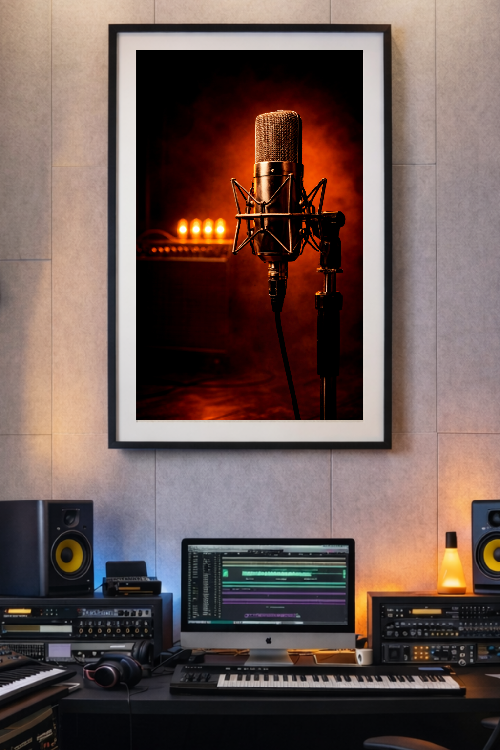Framed photograph of a microphone in a studio setting with equipment and lighting.