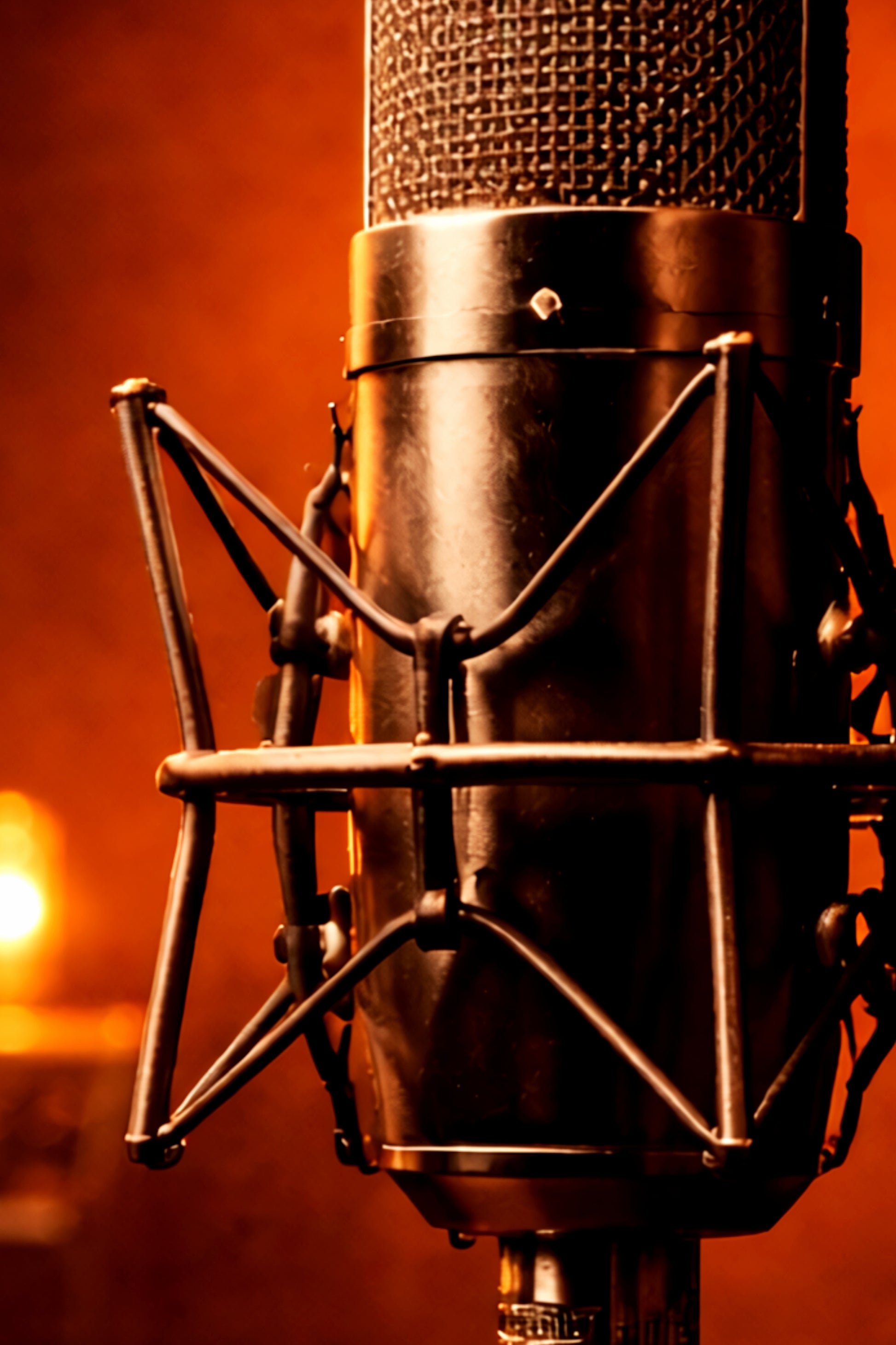 Close-up of a large condenser microphone with a warm orange background