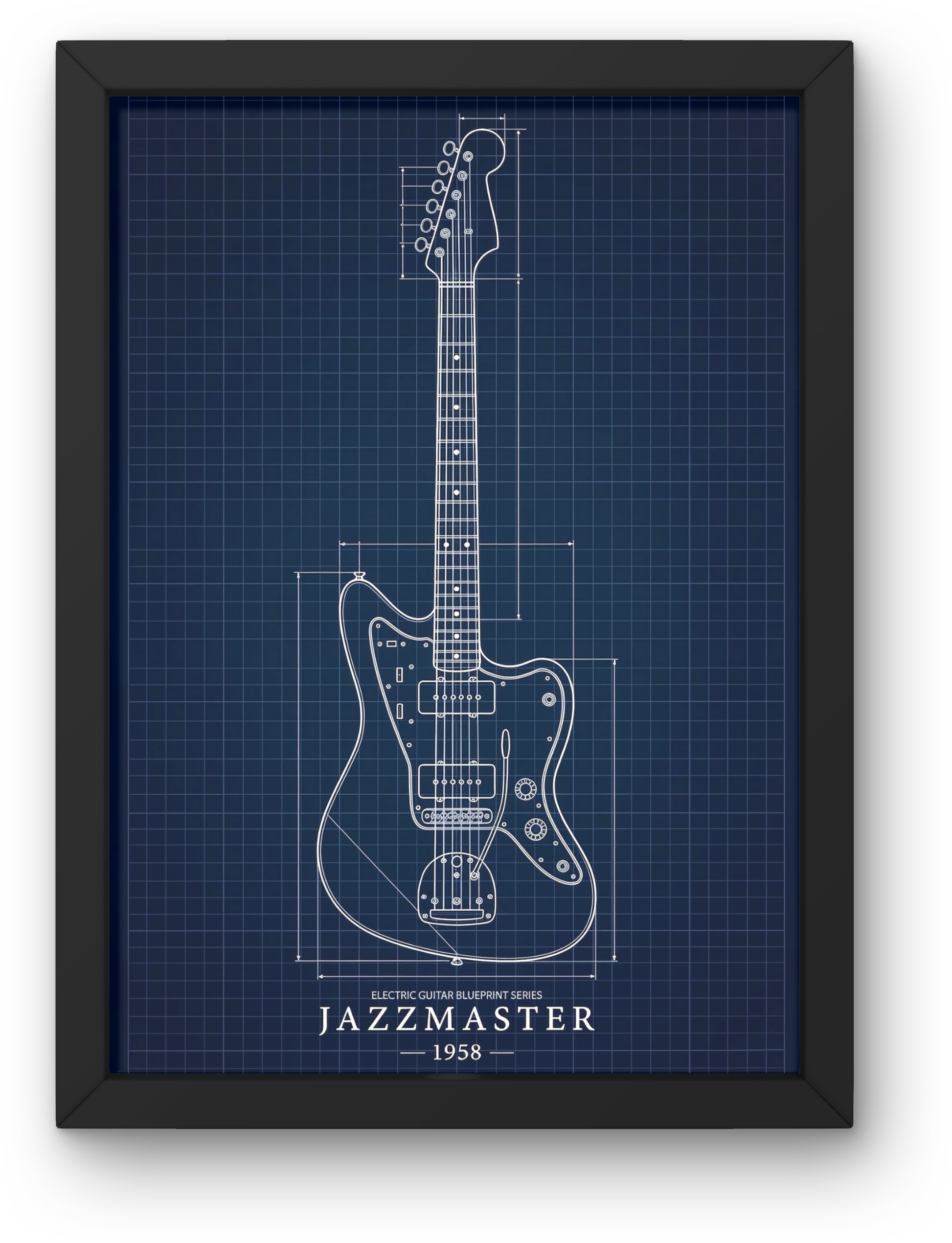 Framed blueprint of a Jazzmaster electric guitar on a grid background
