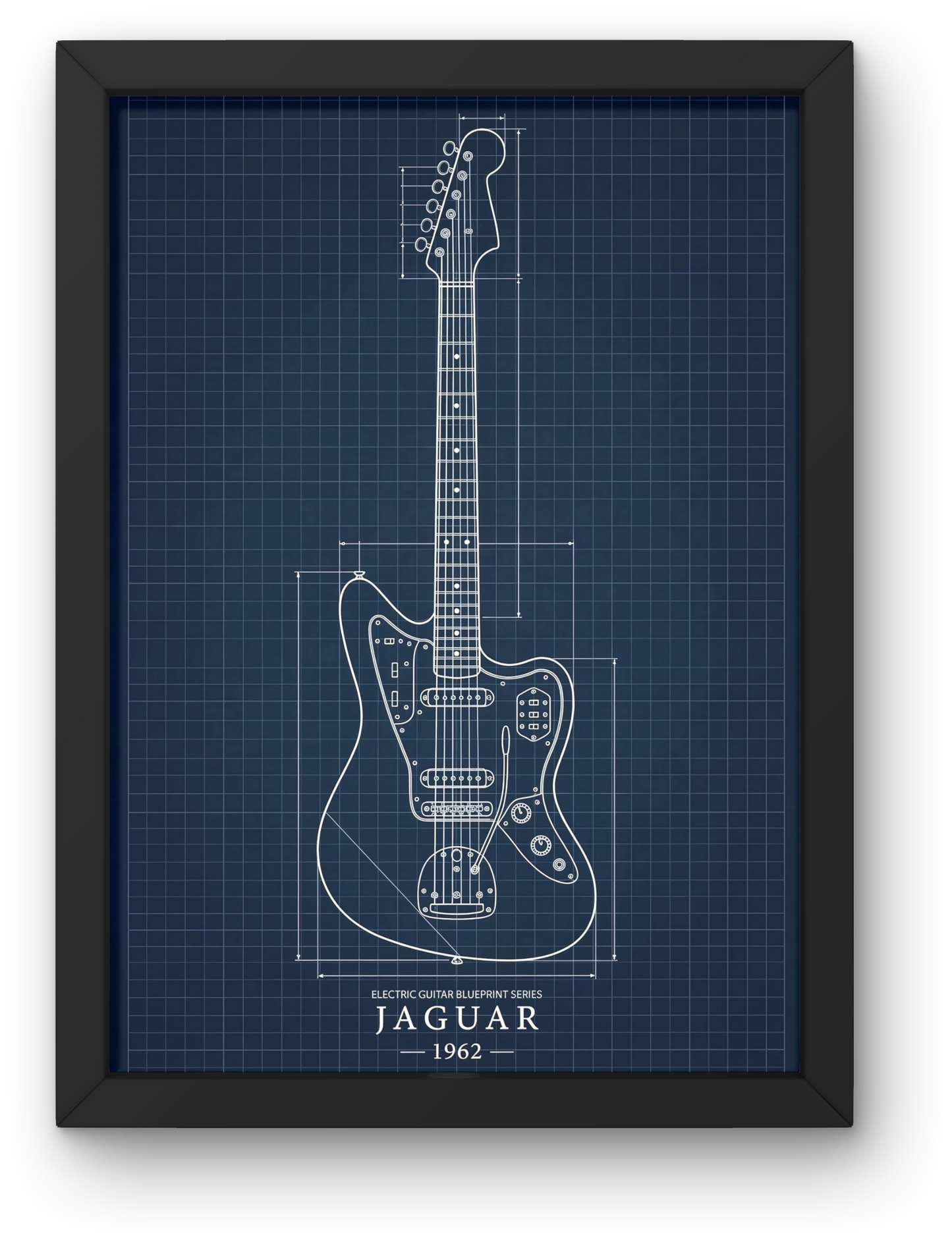 Framed blueprint of a Jaguar electric guitar on a blue grid background
