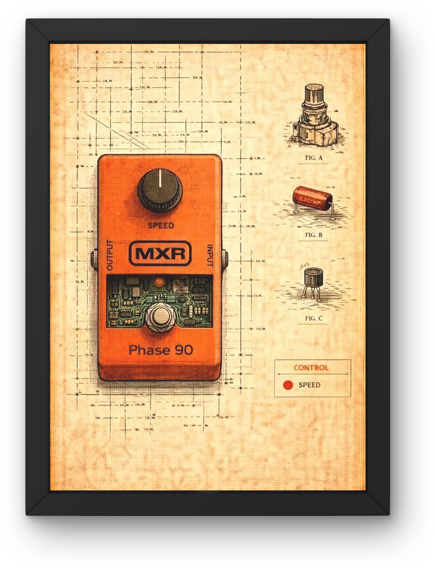 Orange MXR guitar effects pedal on a technical drawing background