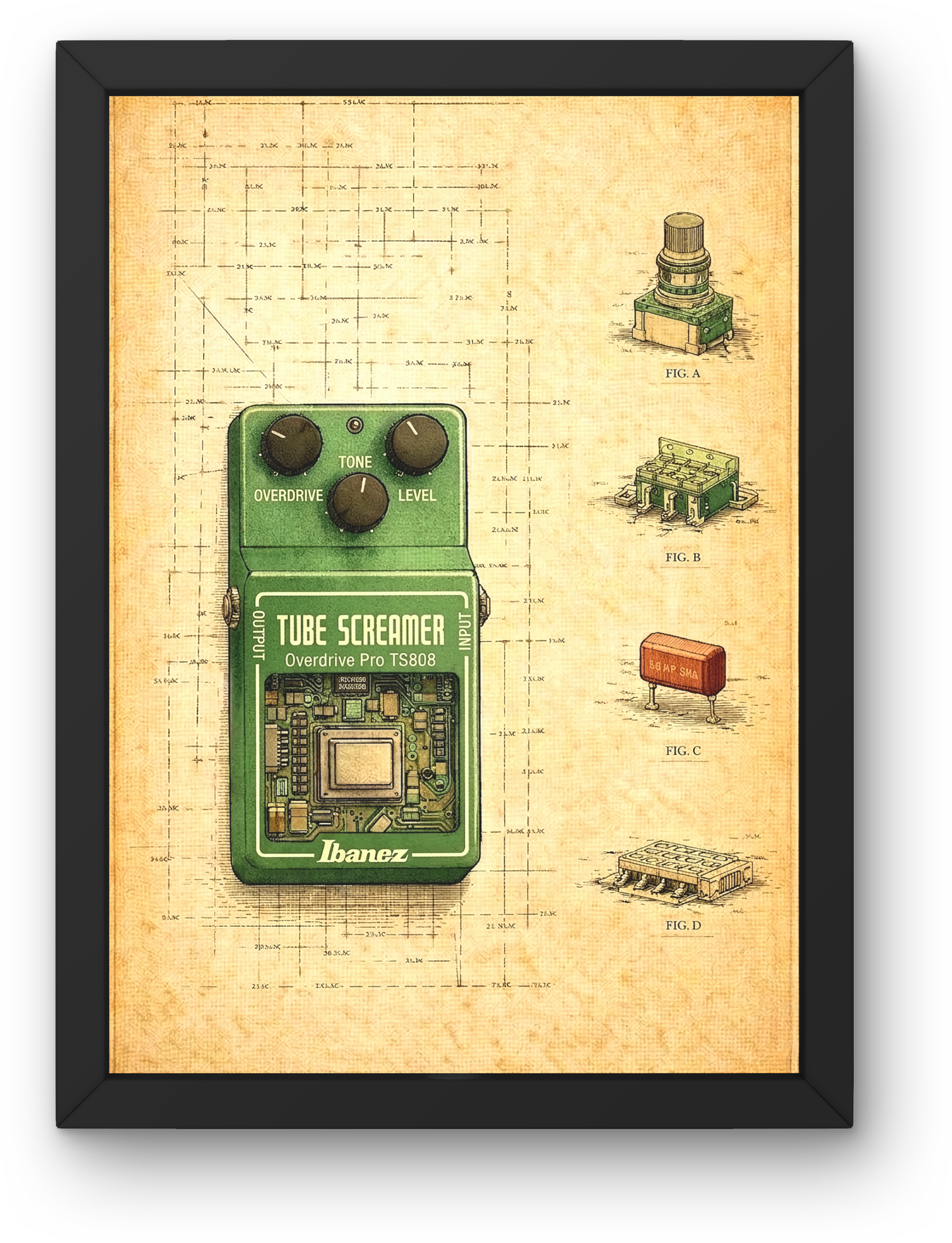 Framed poster of a green Ibanez Tube Screamer guitar effects pedal on a technical drawing background.