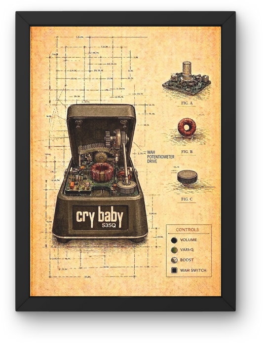 Framed poster of a vintage guitar wah pedal with technical diagram on a beige background