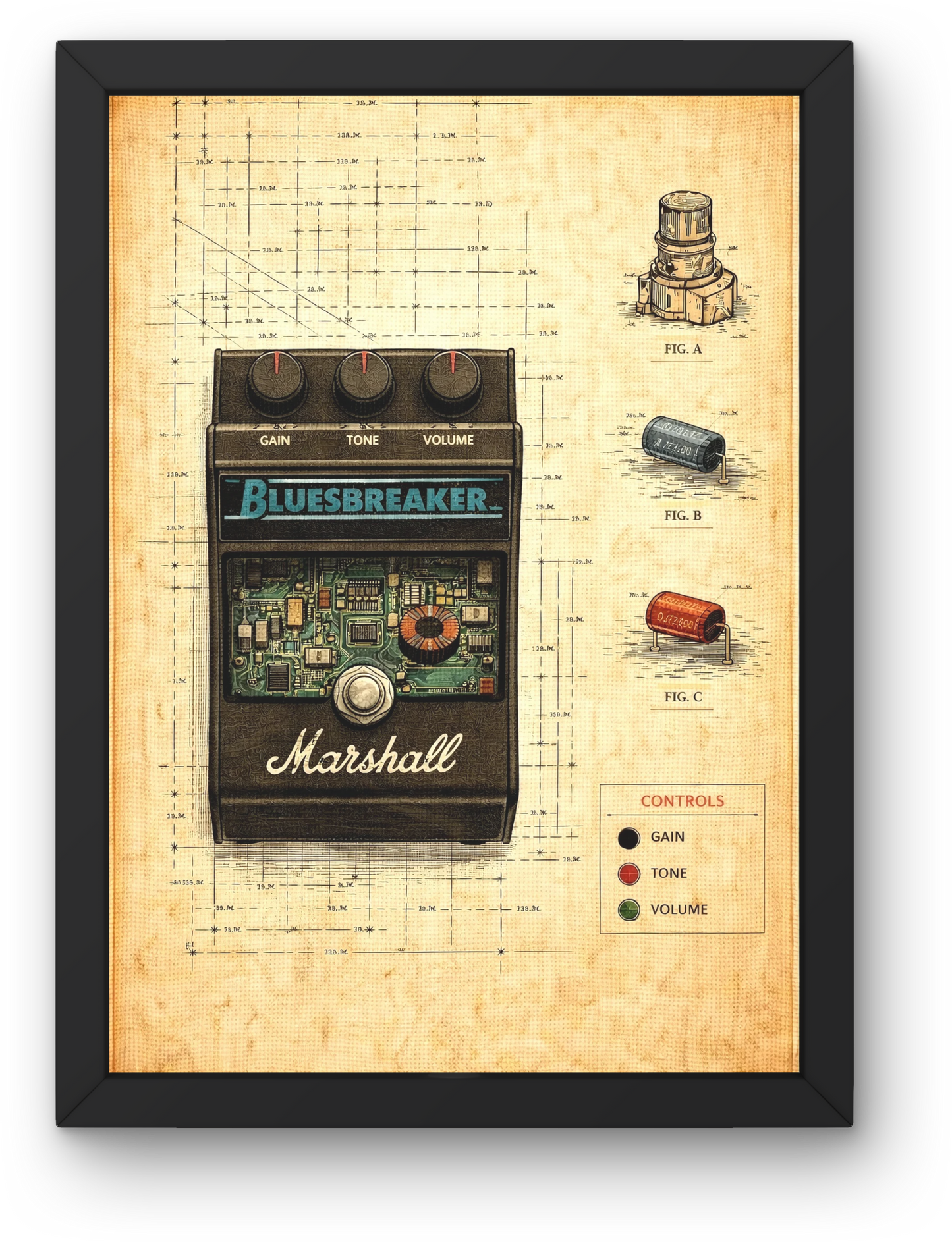 Marshall Bluesbreaker guitar pedal poster with technical drawings on a beige background