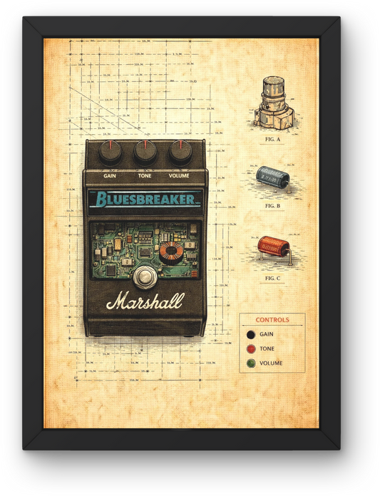 Marshall Bluesbreaker guitar pedal poster with technical drawings on a beige background