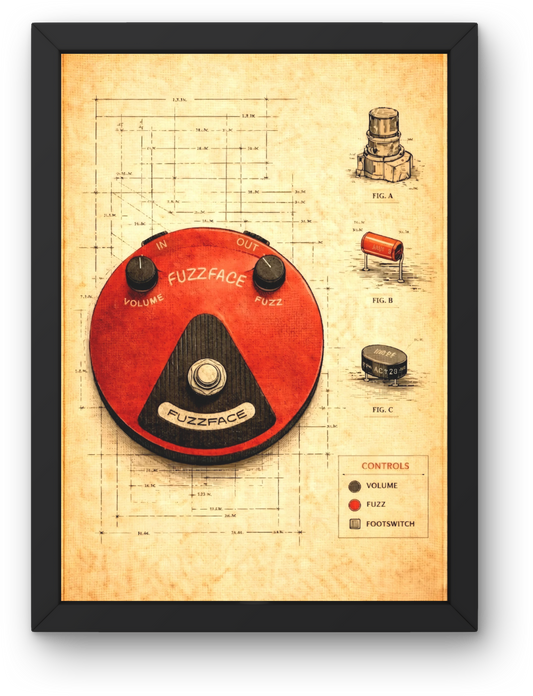 Fuzz face pedal on a technical drawing background