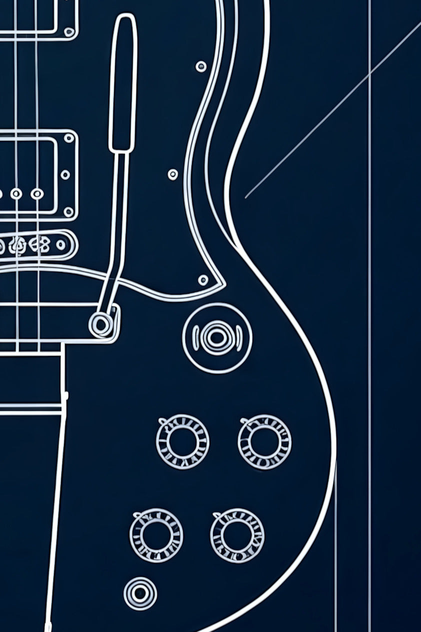 White line drawing of a guitar on a blue background