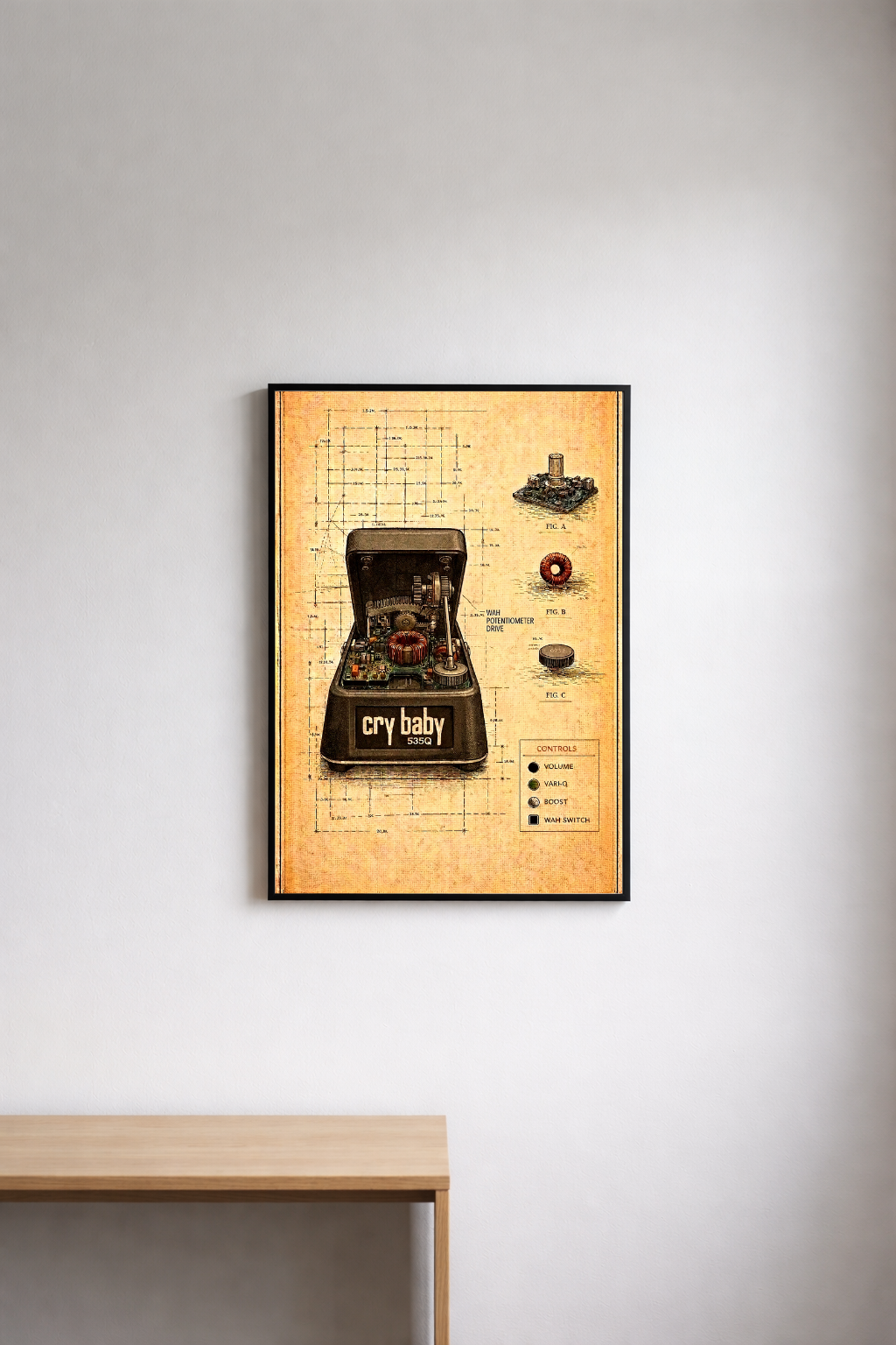 Framed poster of a vintage guitar effects pedal on a wall.