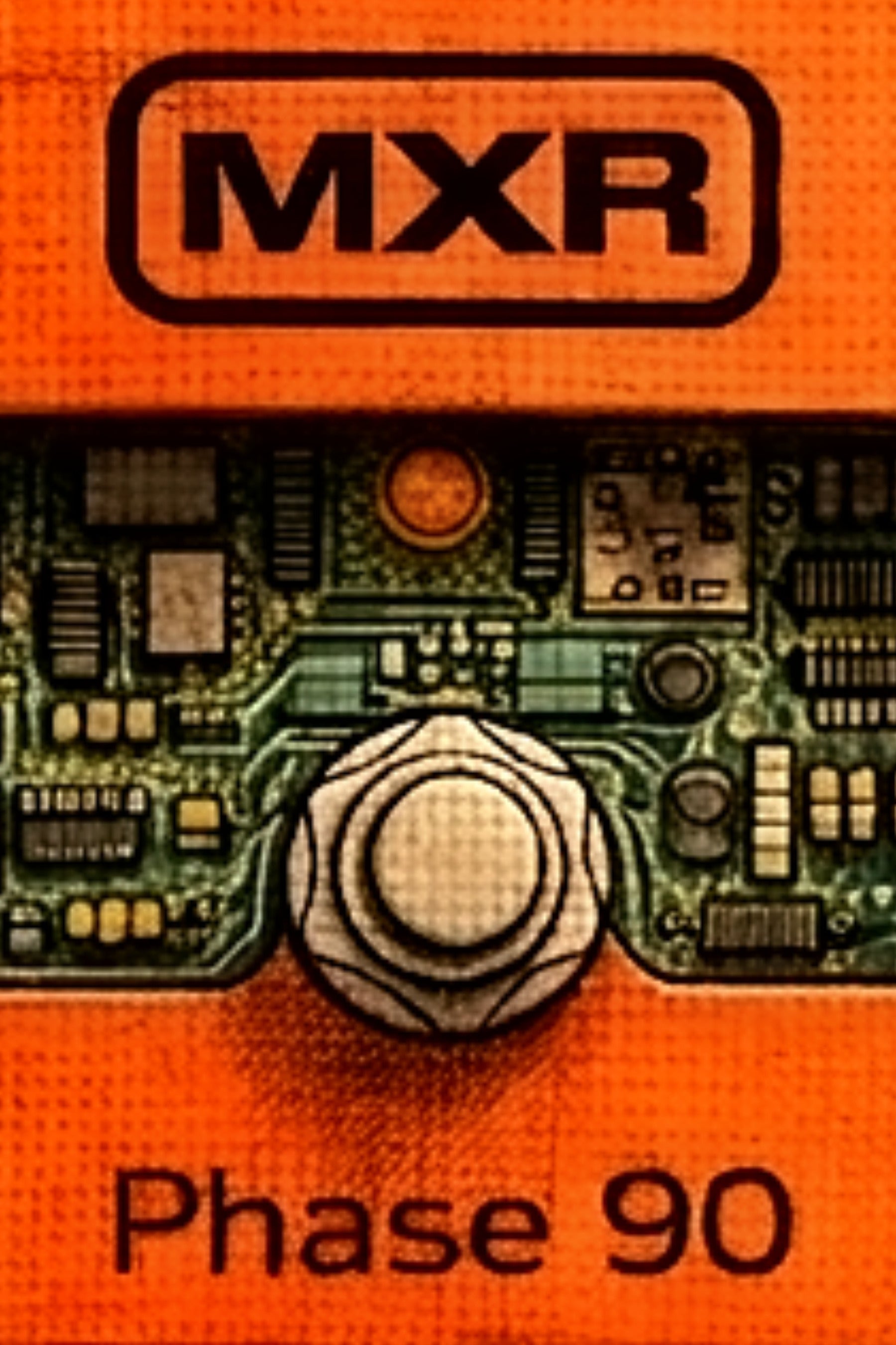 MXR Phase 90 audio pedal close-up with visible circuitry on an orange background