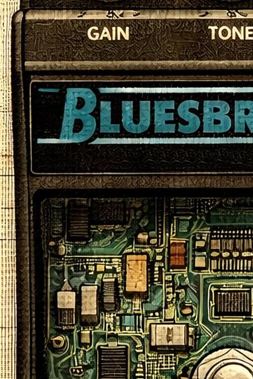 Close-up of a Bluesbreaker guitar effects pedal with visible circuitry and branding.