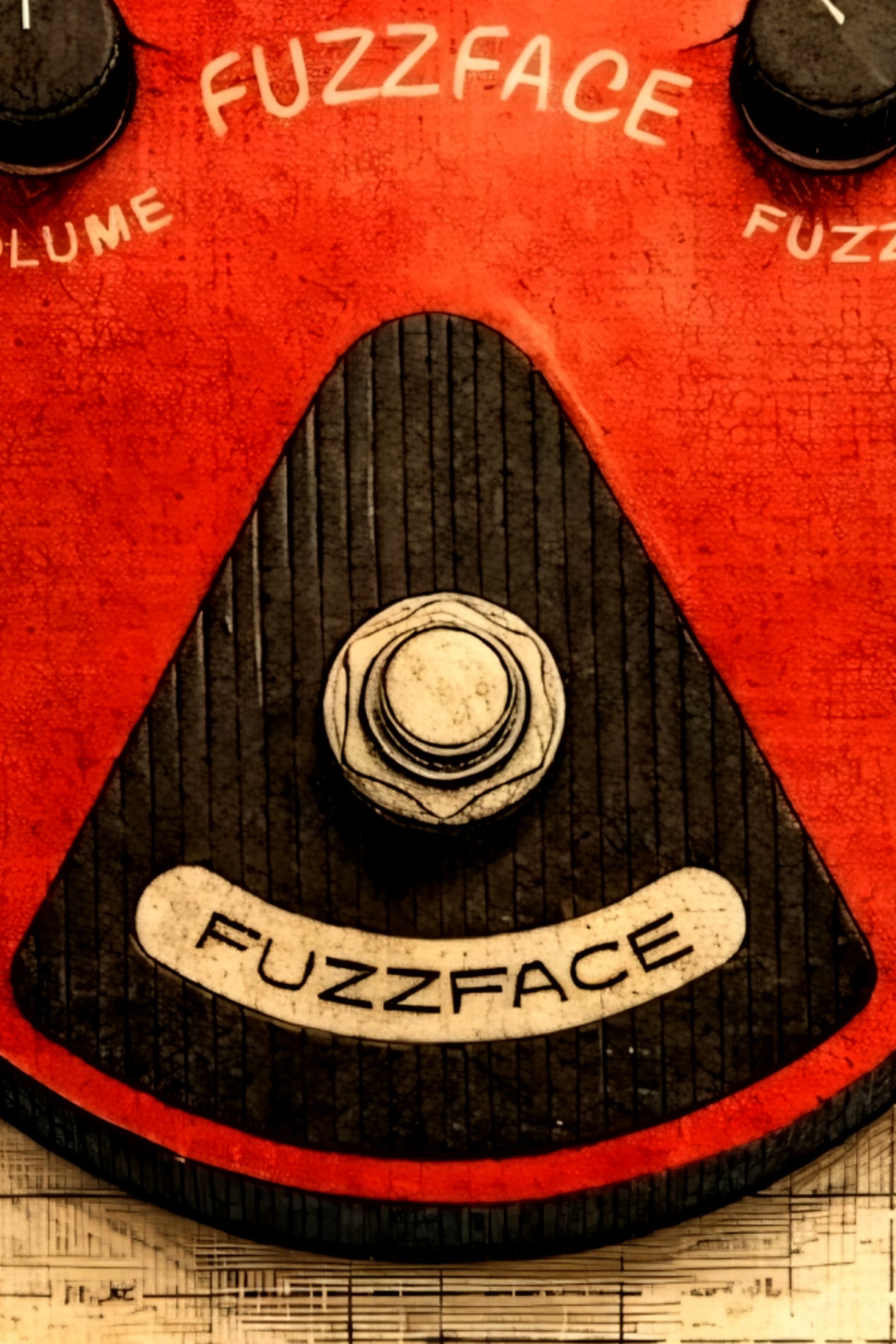 Close-up of a Fuzz Face guitar effects pedal with red casing and black knobs.