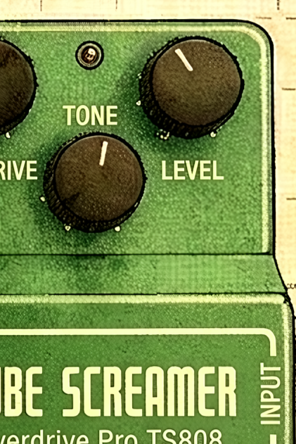 Green guitar effects pedal with 'Tone' and 'Level' knobs on a vintage-style background