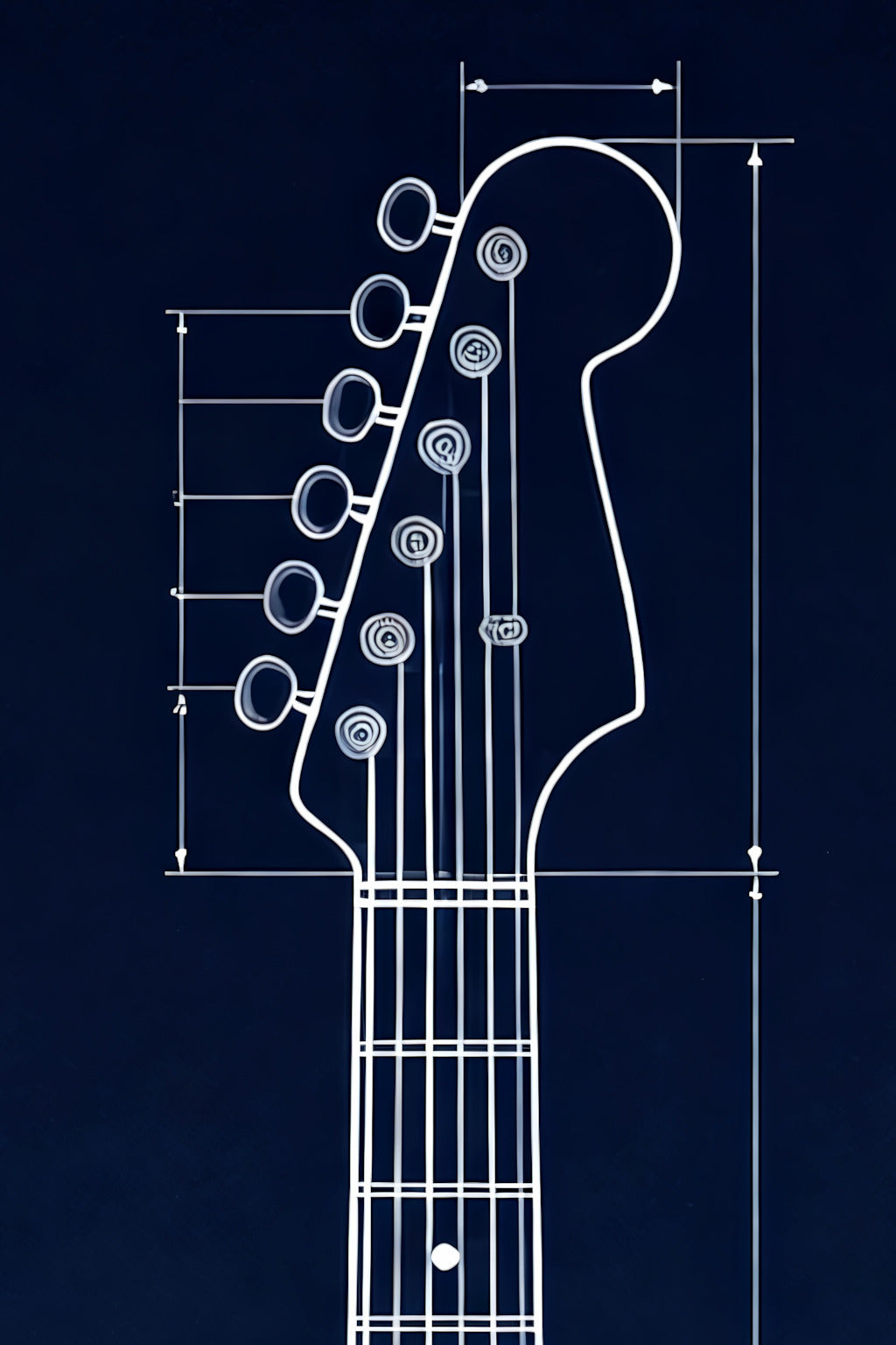 Technical drawing of a guitar headstock with measurements on a dark blue background
