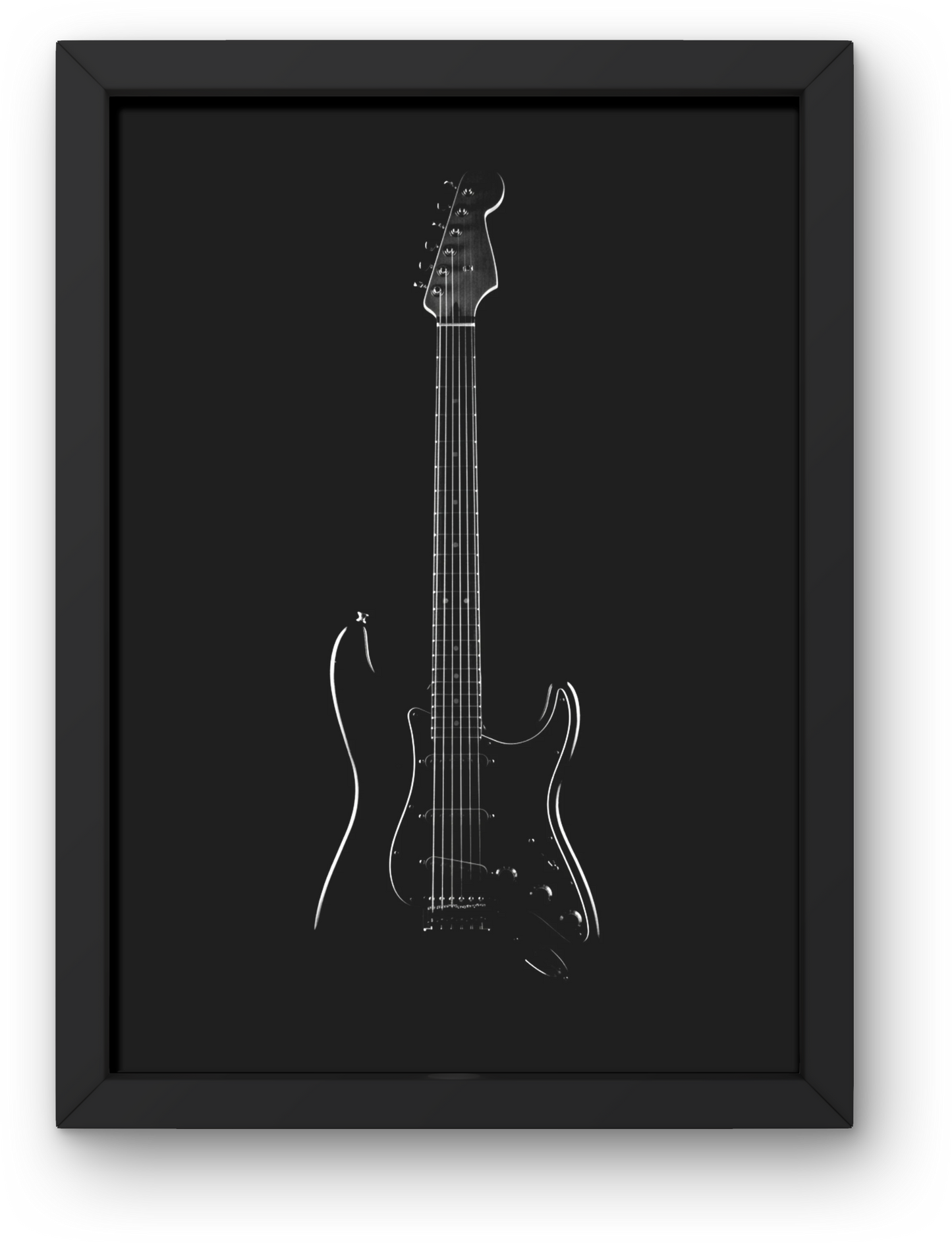 Framed black and white line drawing of a guitar on a black background