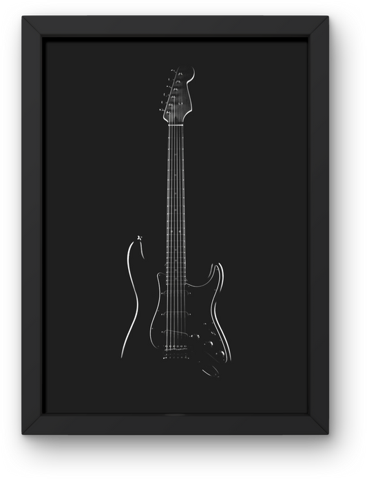 Framed black and white line drawing of a guitar on a black background
