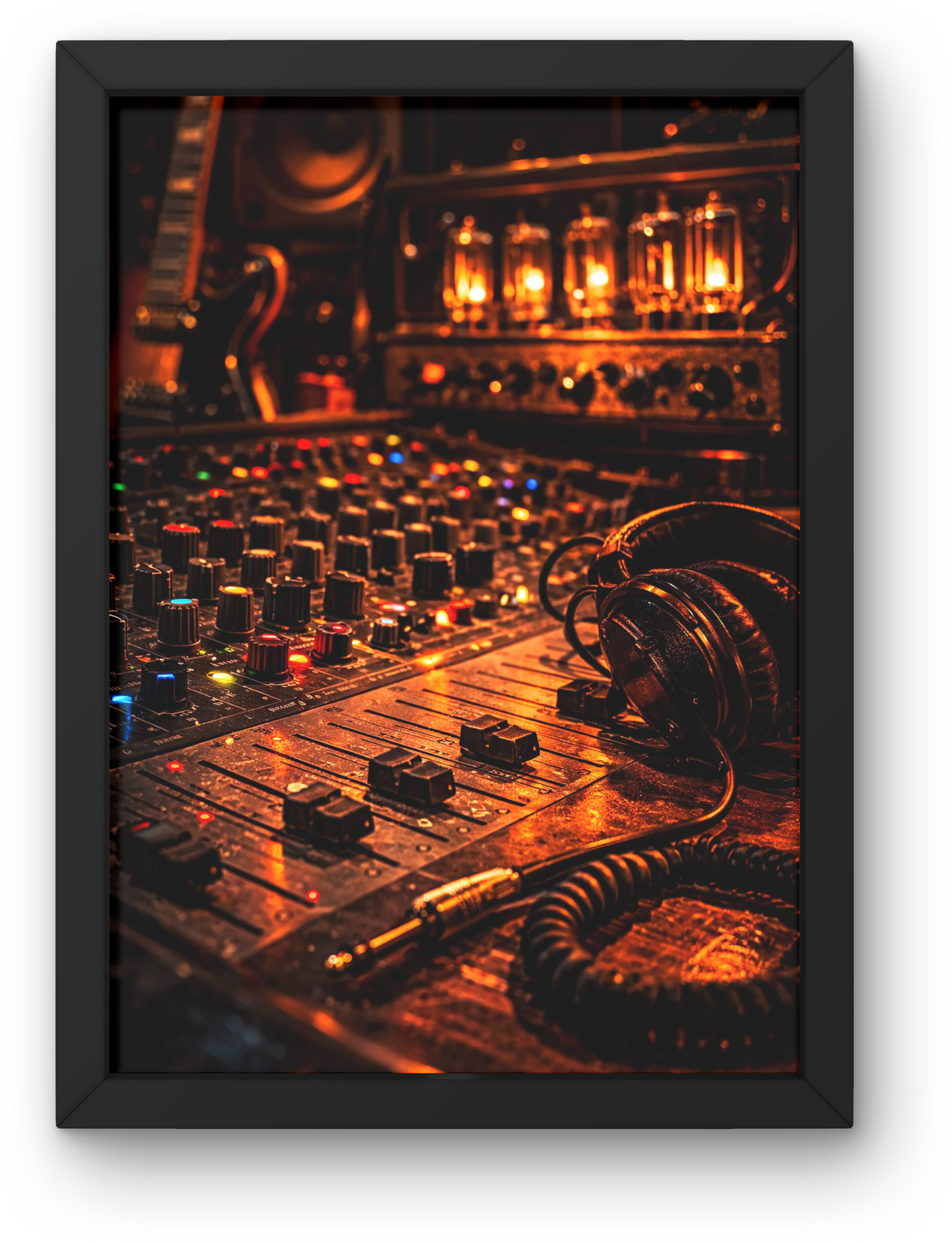 Vintage sound mixing console with glowing tubes in a dark frame