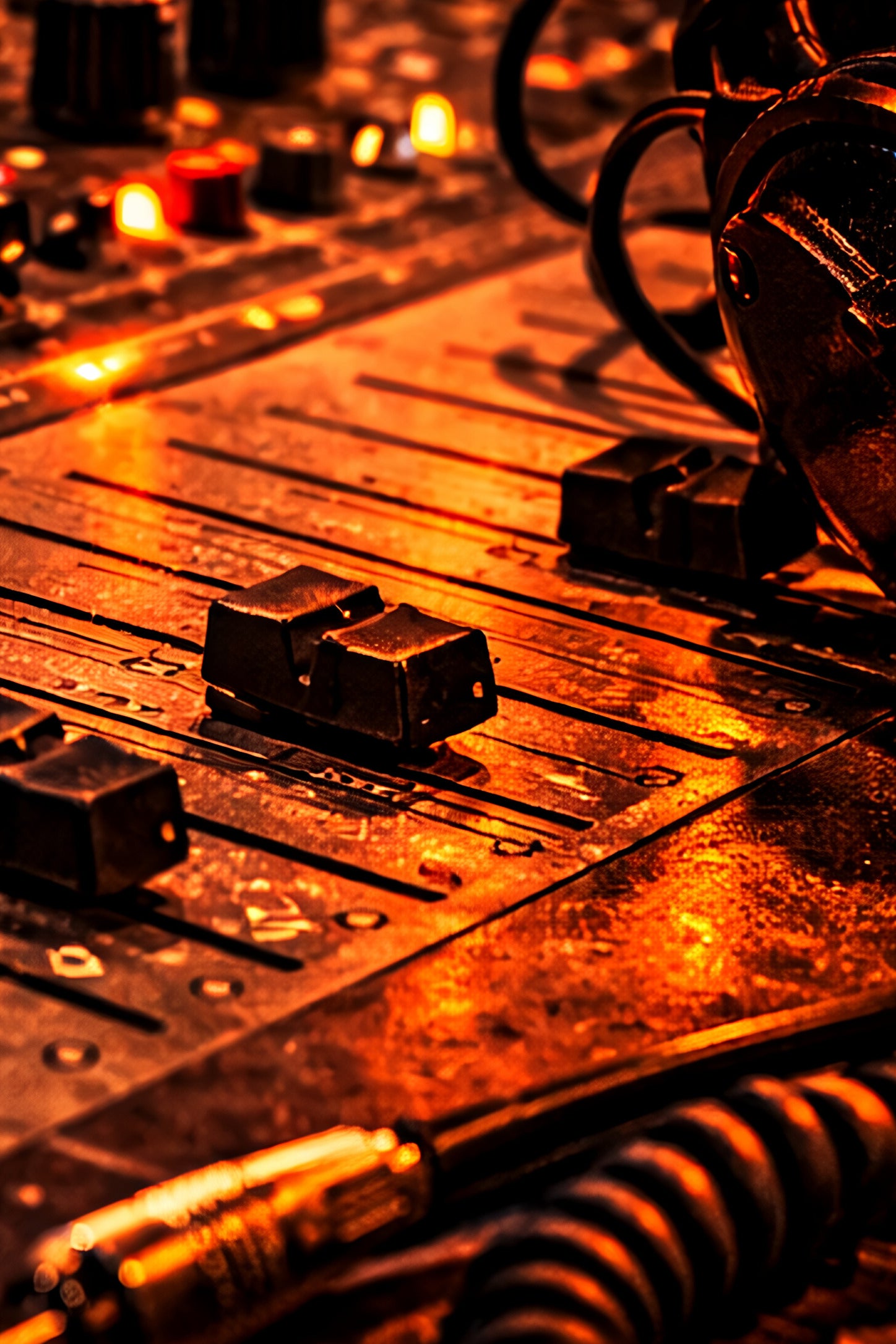 Close-up of a vintage sound mixing console with warm lighting.