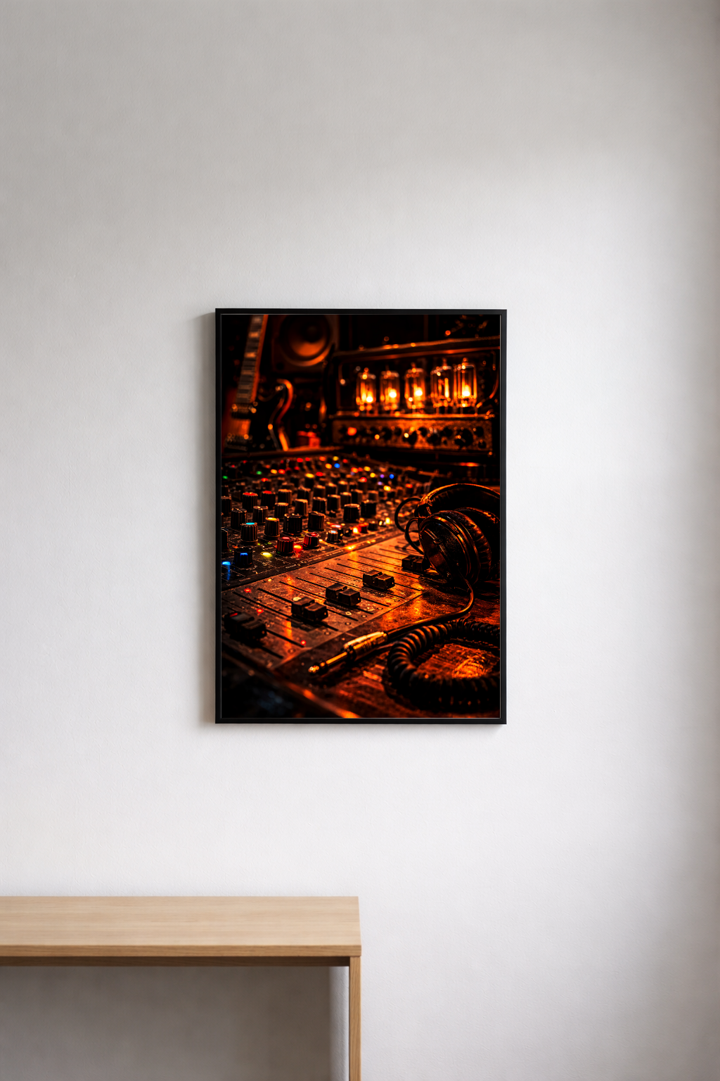 Framed photograph of a vintage studio console on a white wall.