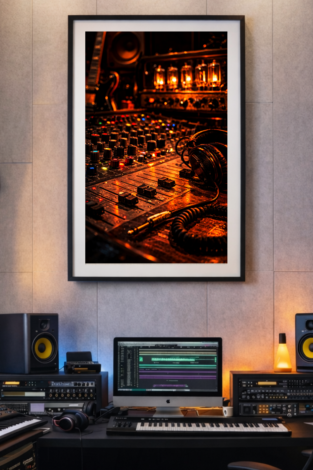 Framed photograph of a sound mixing console on a wall above a music production setup.