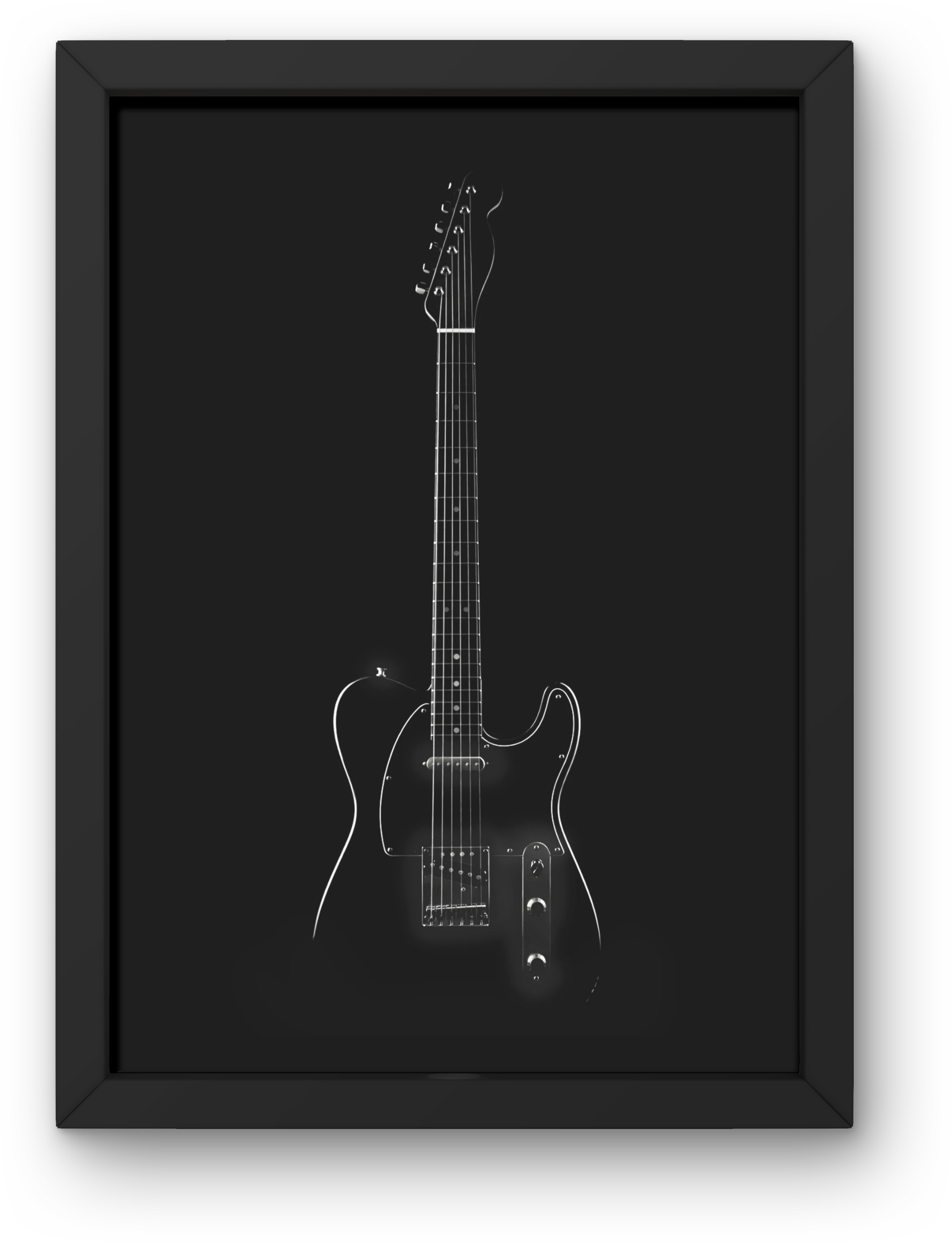 Framed black and white illustration of a telecaster guitar on a black background