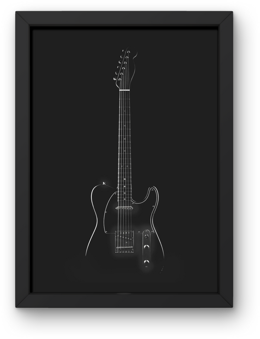 Framed black and white illustration of a telecaster guitar on a black background