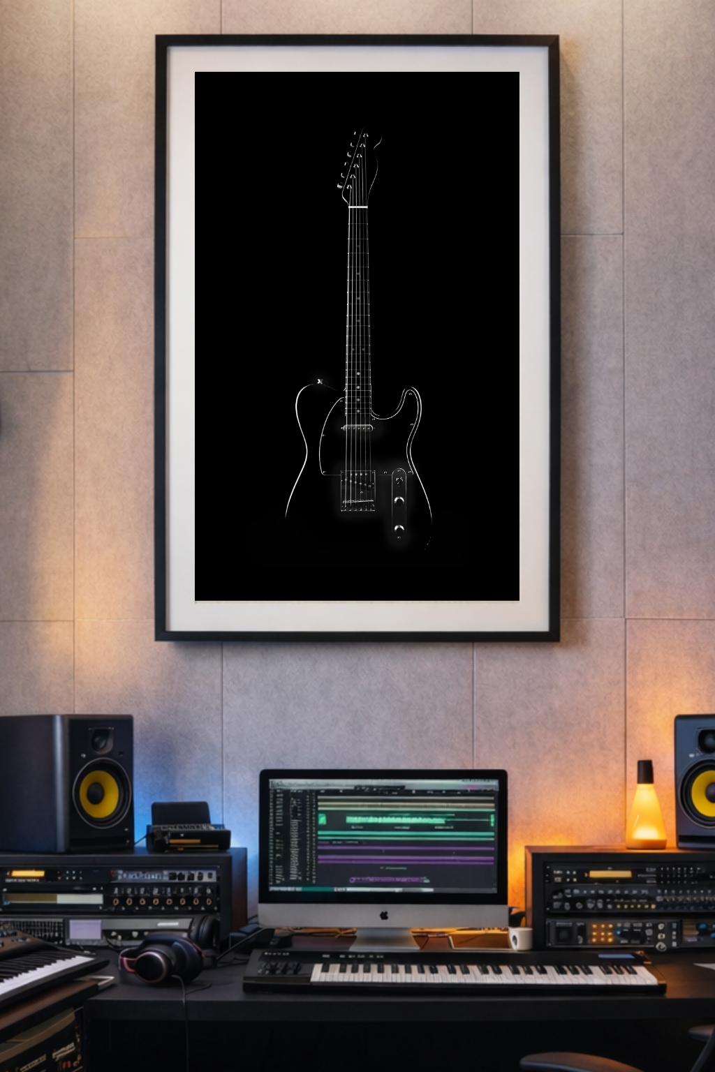 Framed black and white guitar art print in a music studio setting.