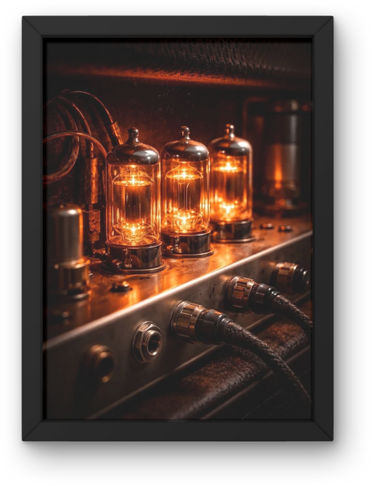 Vintage-style amplifier with glowing valves in a black frame.