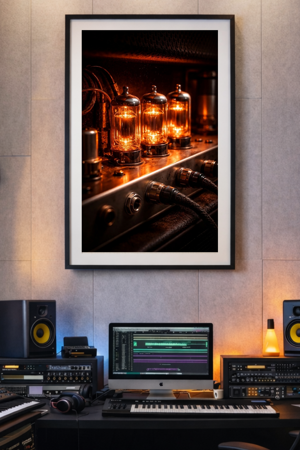 Framed photograph of electronic components on a wall above a music production setup.