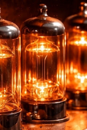 Close-up of glowing vacuum tubes with a warm glow.