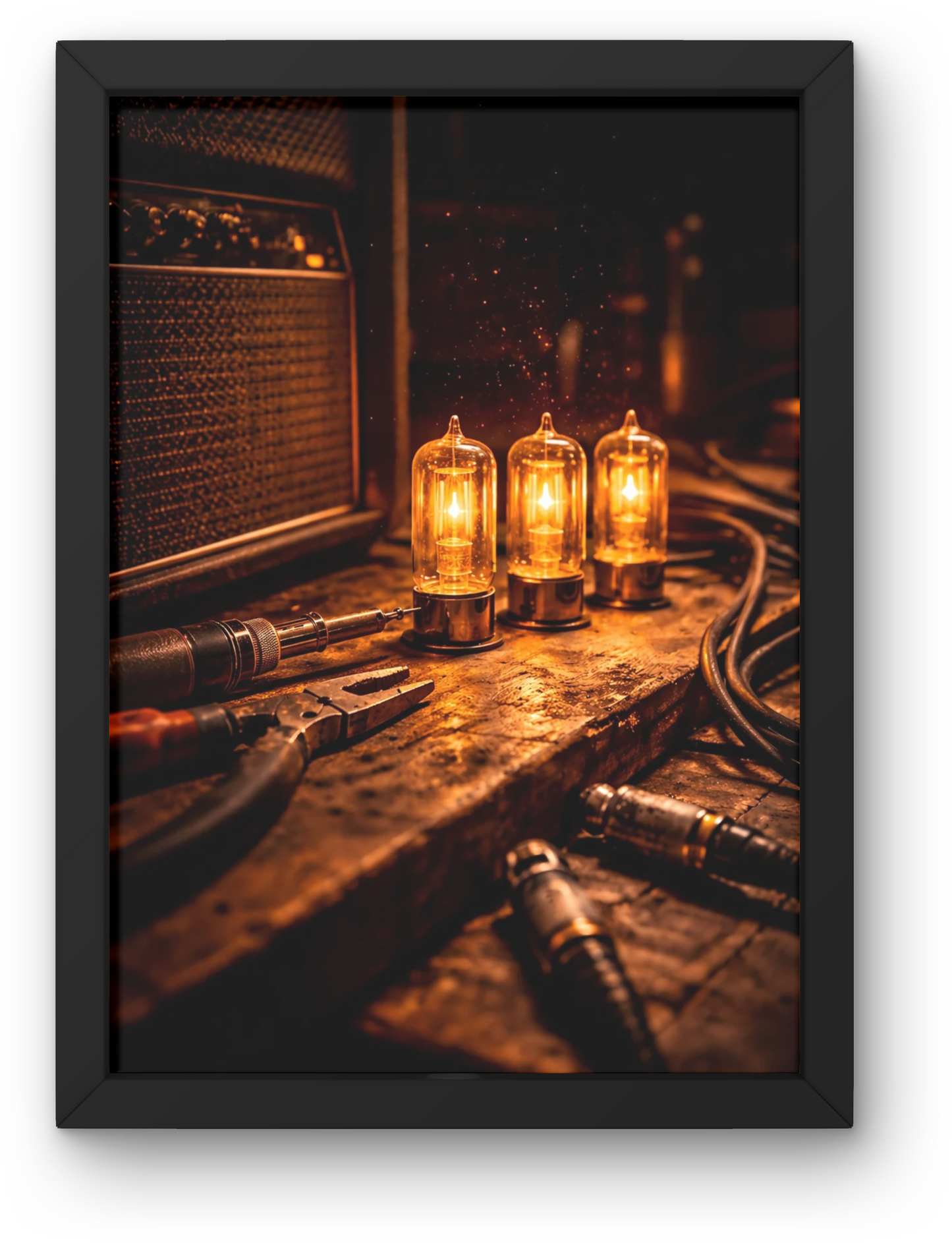 Vintage components with glowing tube amp bulbs on a wooden surface