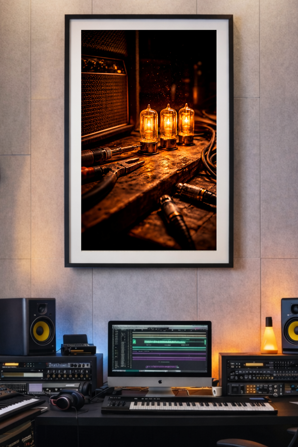 Framed photograph of a vintage recording studio setup on a wall above a music production desk.