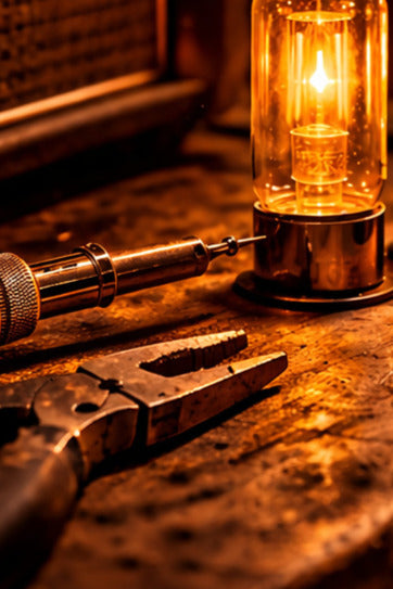 Vintage-style tube amp bulb with tools on a wooden surface