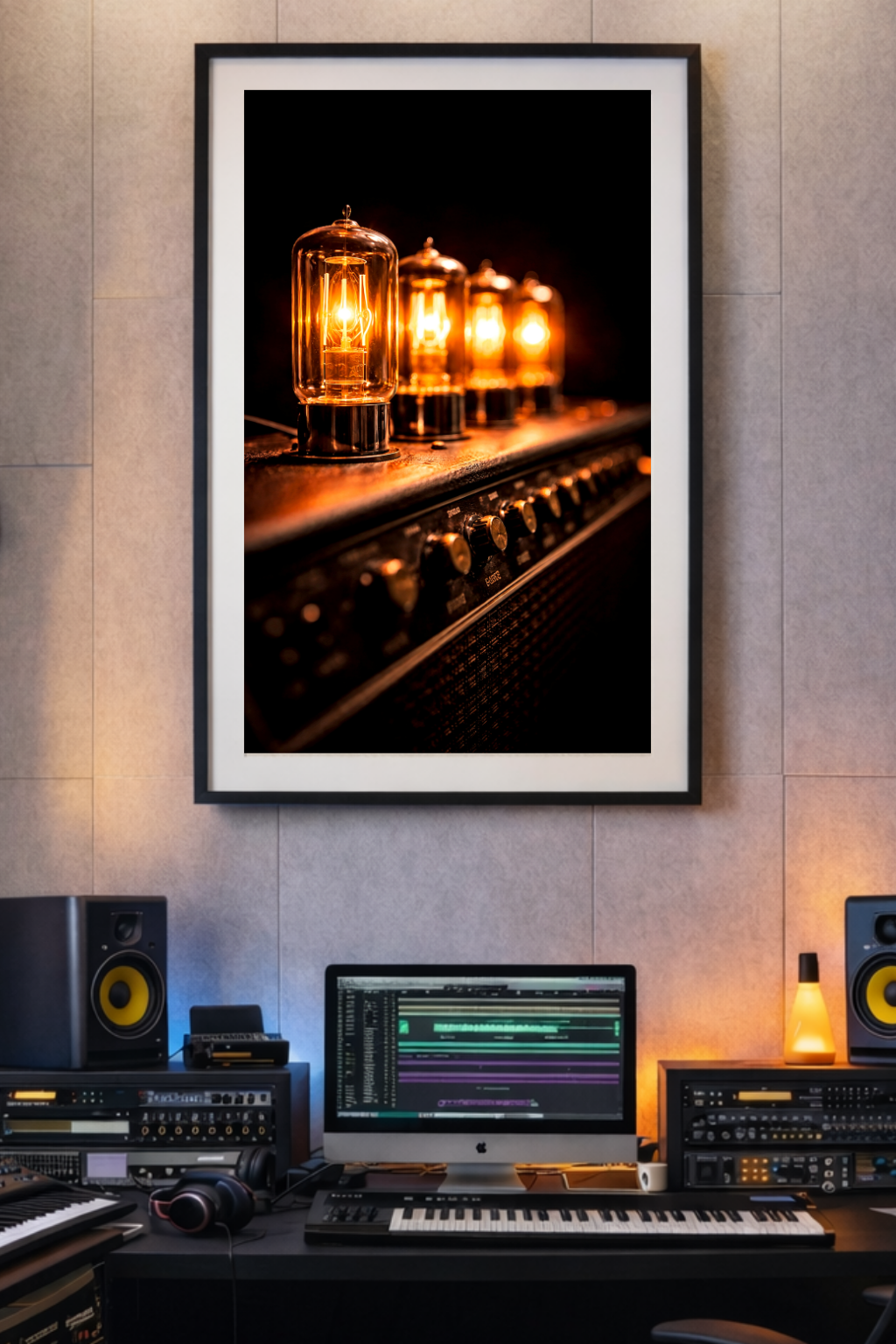 Framed photograph of glowing tube amp bulbs on a wall above a music production setup.