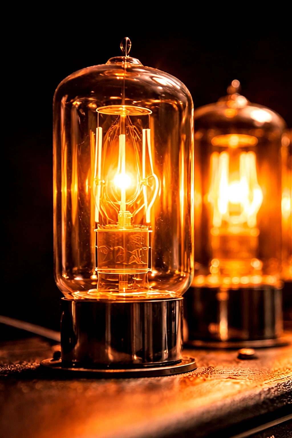 Vintage-style tube amp bulbs with a warm glow on a dark background